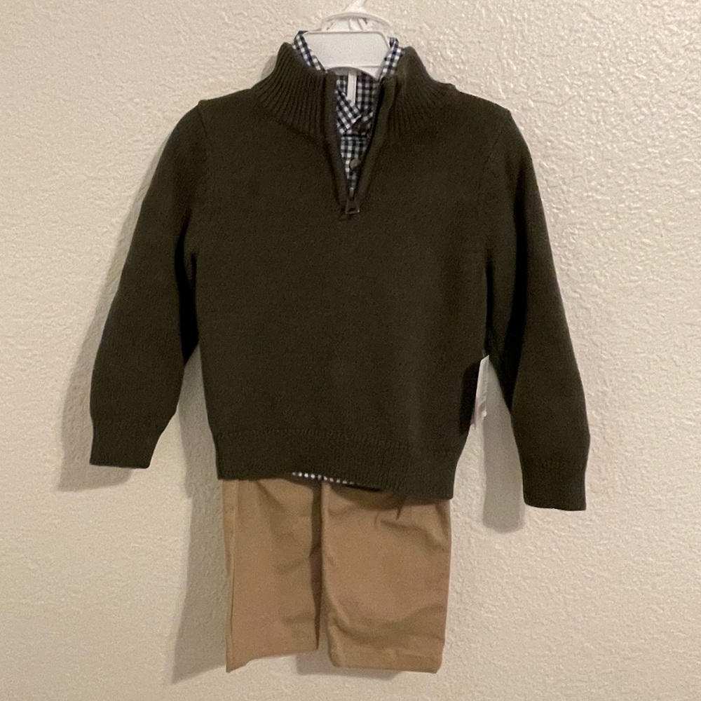 NWT Boys 24 Month 3-piece Sunday Dress Outfit, Olive green sweater,Quarter Zip.